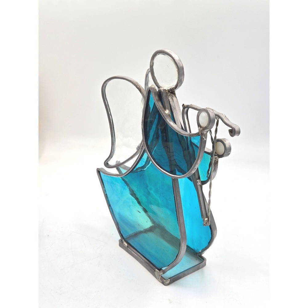 Handcrafted Vintage‎ Stained Glass Angel Figurine (Teal & Clear)